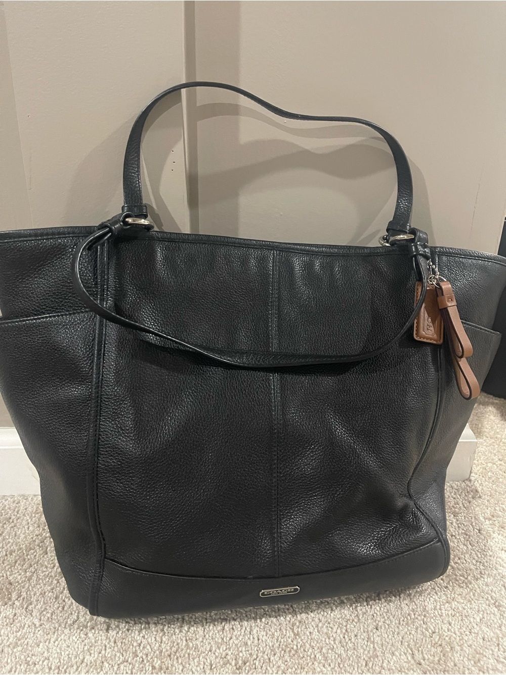 Coach Black Leather Tote with Brown Charm